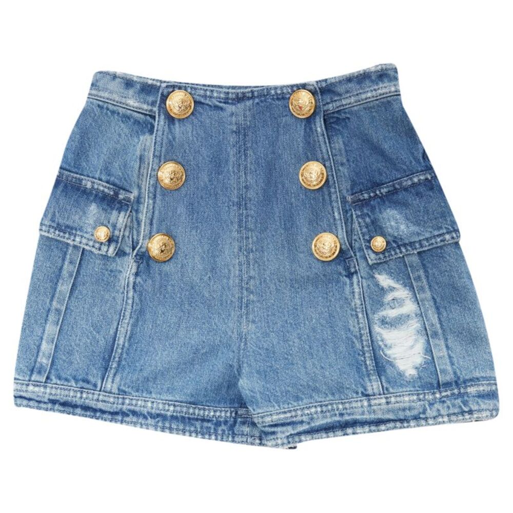 Balmain distressed denim gold buttons high waisted shorts